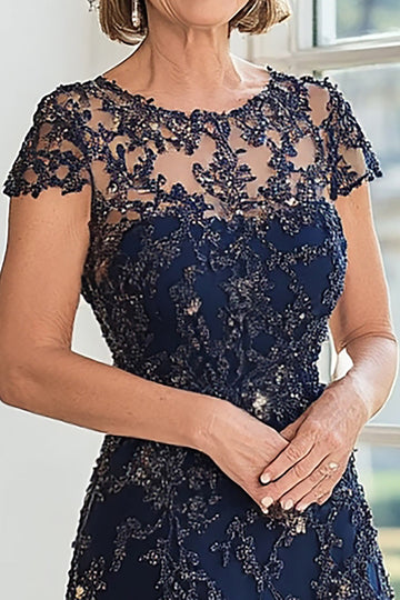 A Line Navy Cap Sleeve Lace Mother of the Bride Dress